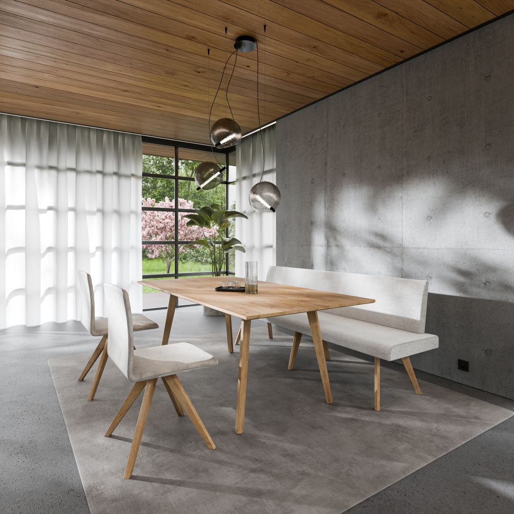 Anrei Uno Essgruppe mit Tisch in Massivholz, Stühle und Bank