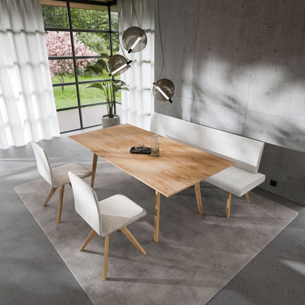 Anrei Uno Essgruppe mit Tisch in Massivholz, Stühle und Bank
