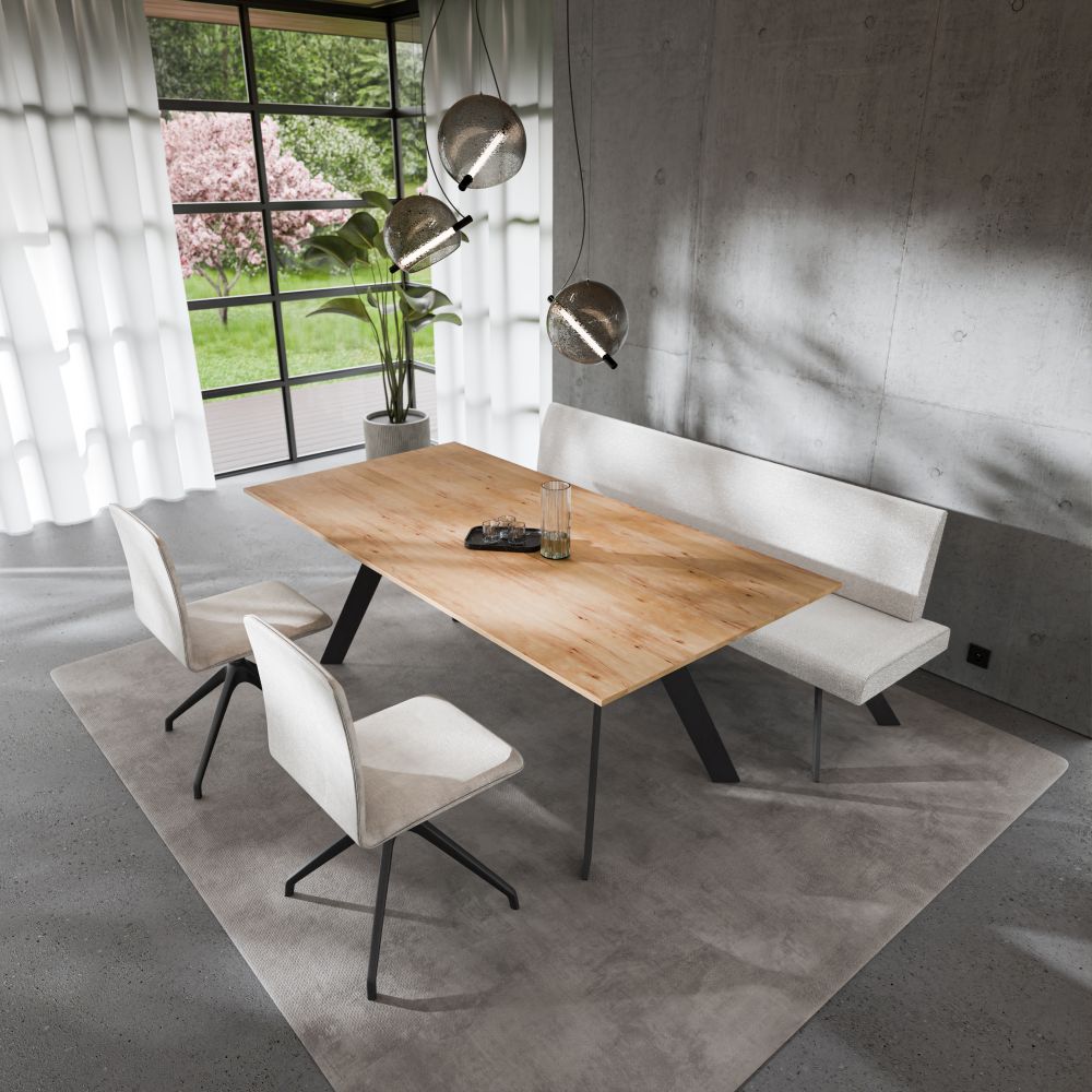 Anrei Uno Essgruppe mit Tisch in Massivholz, Stühle und Bank