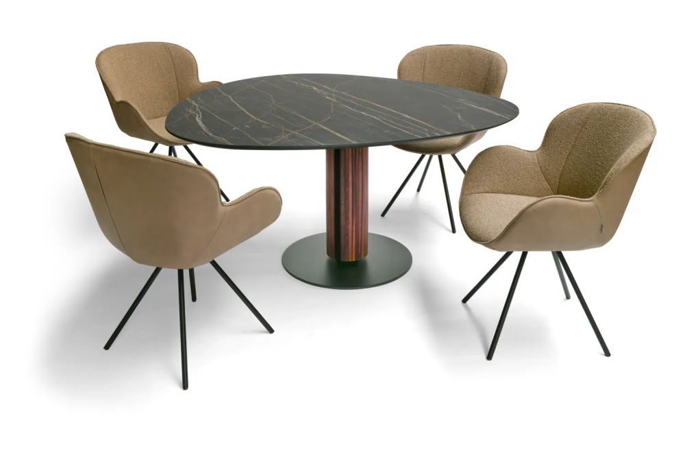 Designer Esstisch Steely mit Platte eiförmig in Keramik Noir Desire