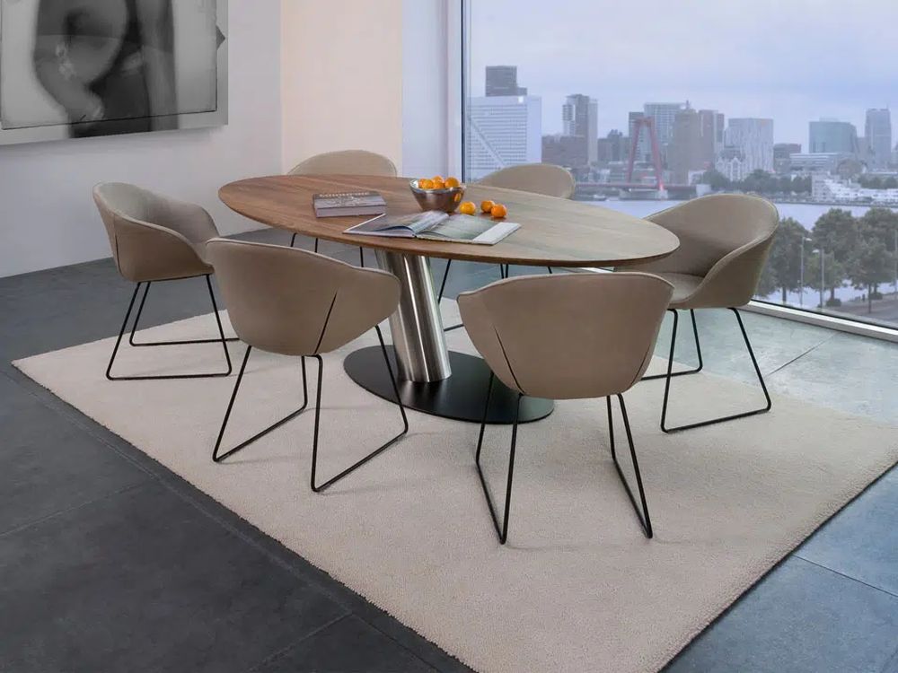 Designer Säulentisch Libra mit Platte oval in HPL und Untergestell in Edelstahl