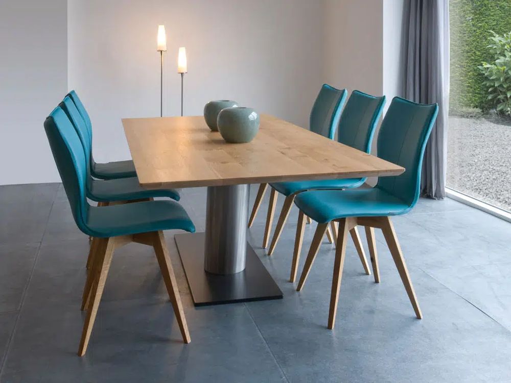 Designer Säulentisch Libra mit Platte eckig in Eiche massiv und Untergestell in Edelstahl