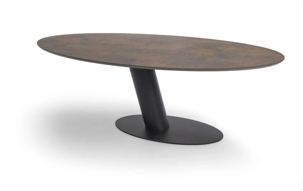 Designer Säulentisch Libra mit Platte oval in HPL bronze und Untergestell in schwarz