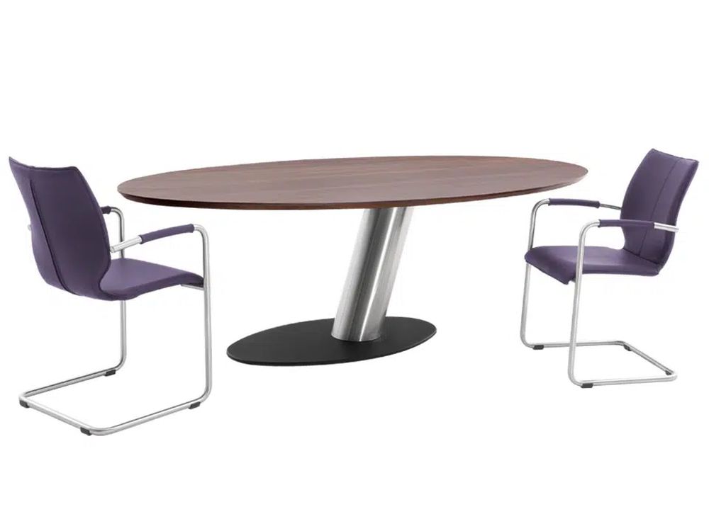 Designer Säulentisch Libra mit Platte oval in Eiche massiv und Untergestell schwarz und Edelstahl