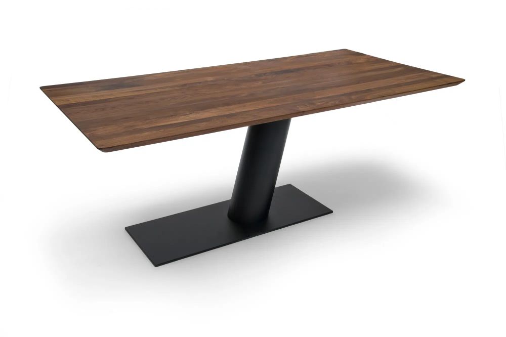 Designer Säulentisch Libra mit Platte eckig in Nussbaum massiv und Untergestell schwarz