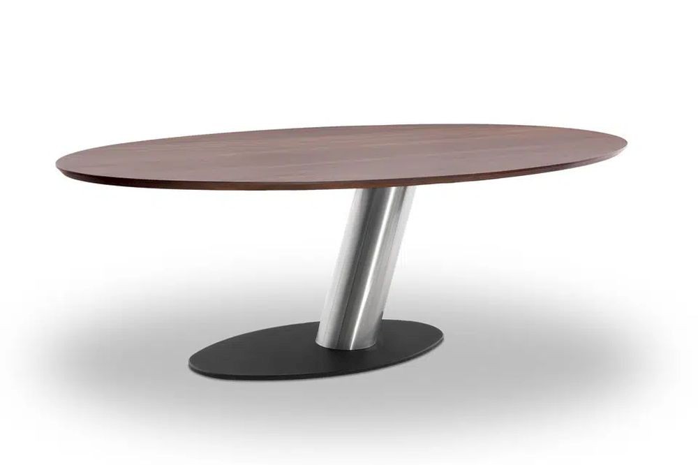 Designer Säulentisch Libra mit Platte oval in Nussbaum massiv und Untergestell schwarz und Edelstahl