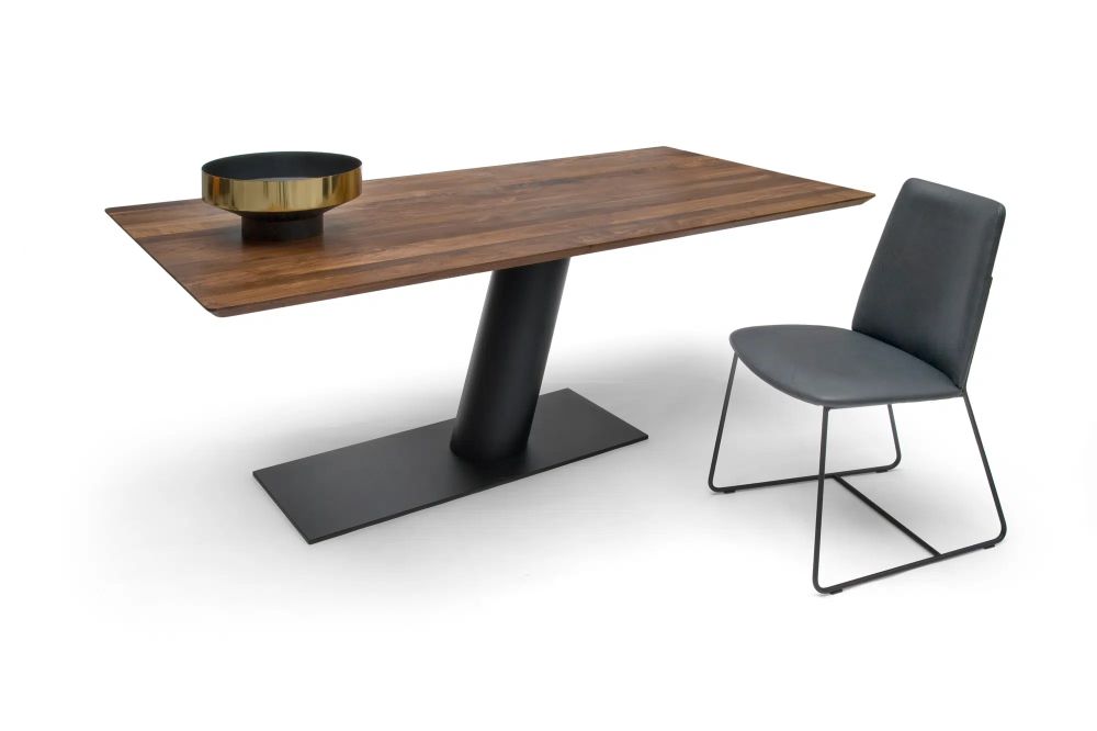 Designer Säulentisch Libra mit Platte eckig in Nussbaum massiv und Untergestell schwarz