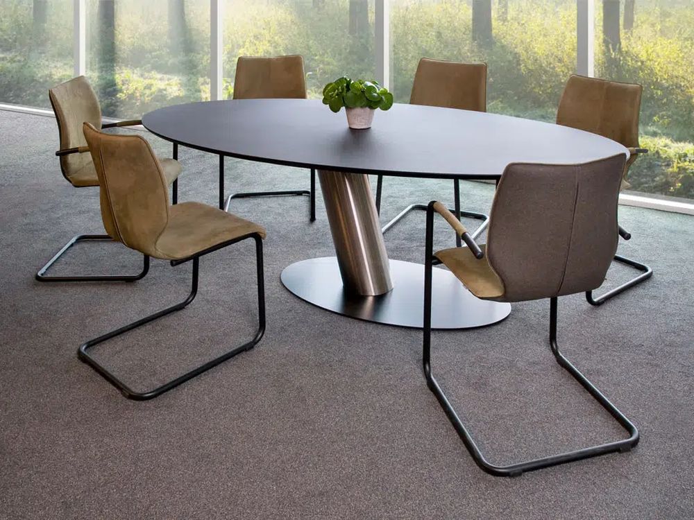 Designer Säulentisch Libra mit Platte oval in HPL und Untergestell in Edelstahl