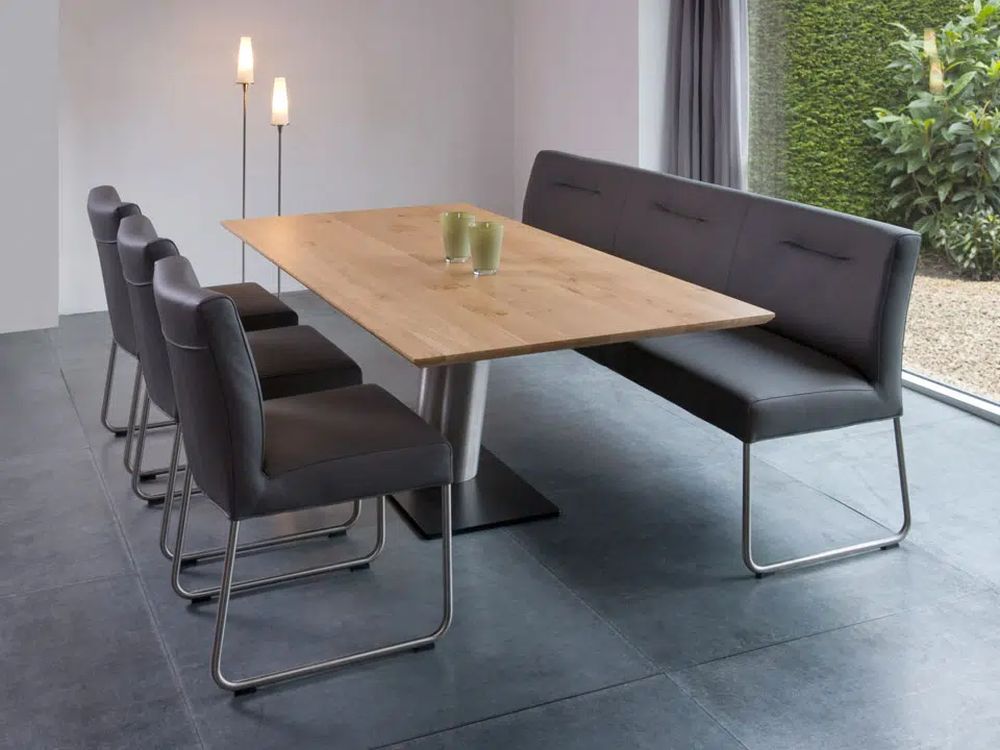 Designer Säulentisch Libra mit Platte eckig in Eiche massiv und Untergestell in Edelstahl