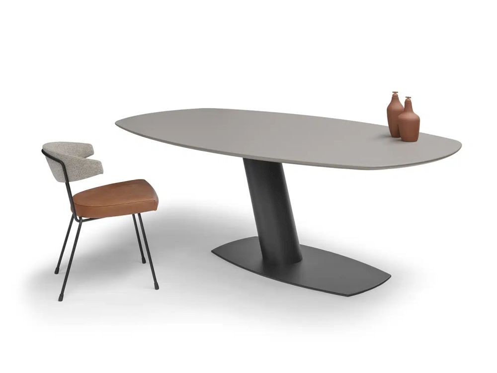 Designer Säulentisch Libra mit Platte oval in Keramik und Untergestell schwarz