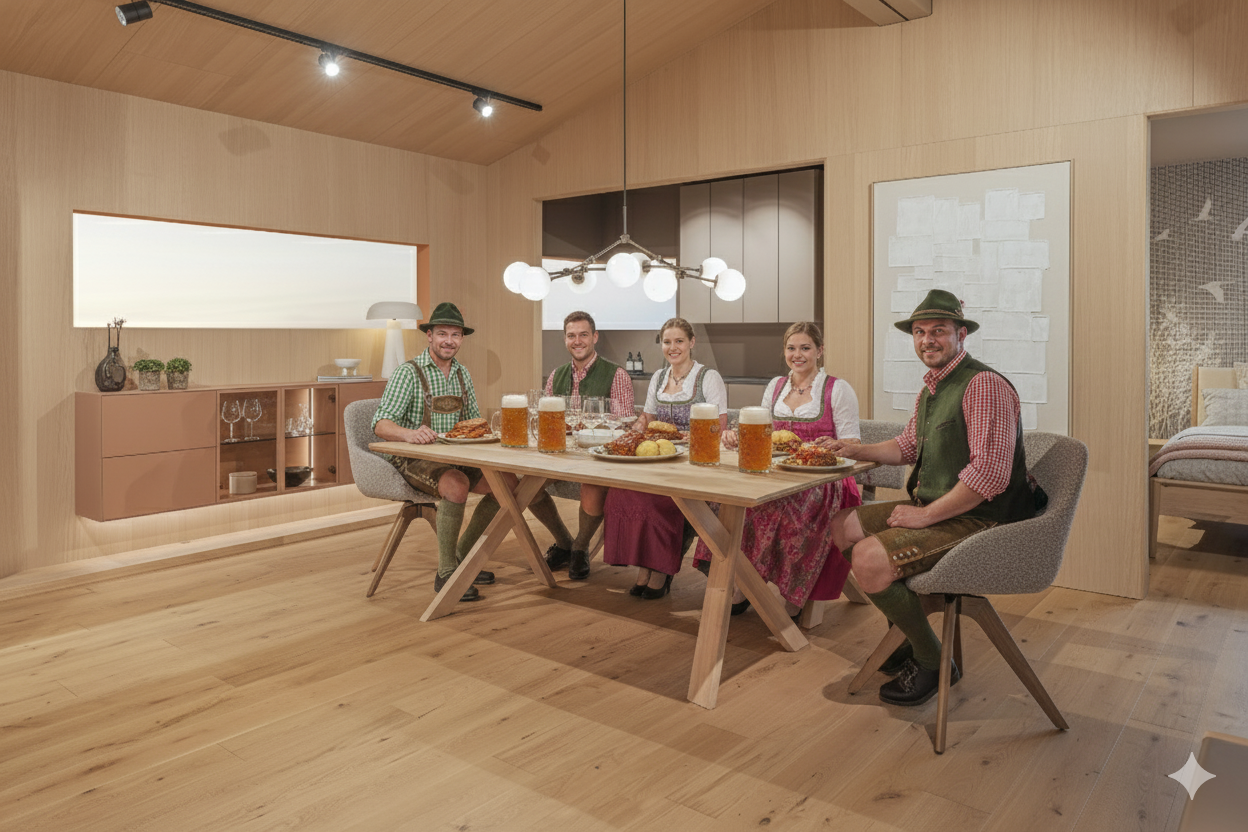 Anrei Miro Essgruppe mit Miro Tisch, Bank Miro und Miro Stühlen mit Personen