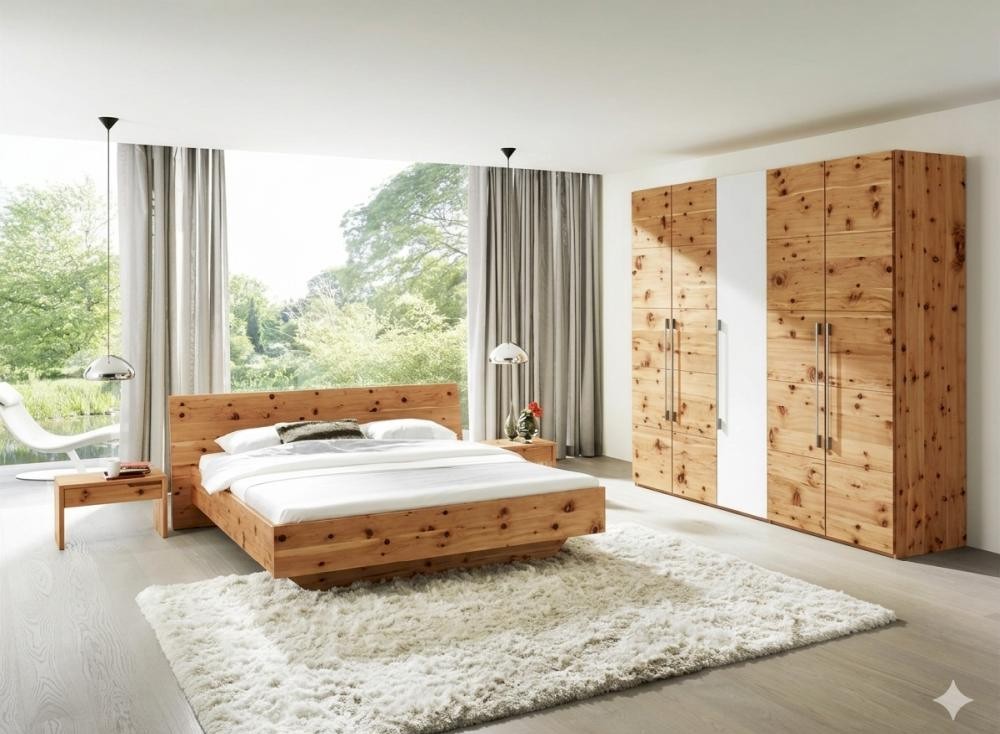 Anrei Tesso Bett in Zirbe massiv und Kleiderschrank tesso mit Zirbe und Farbglas weiss