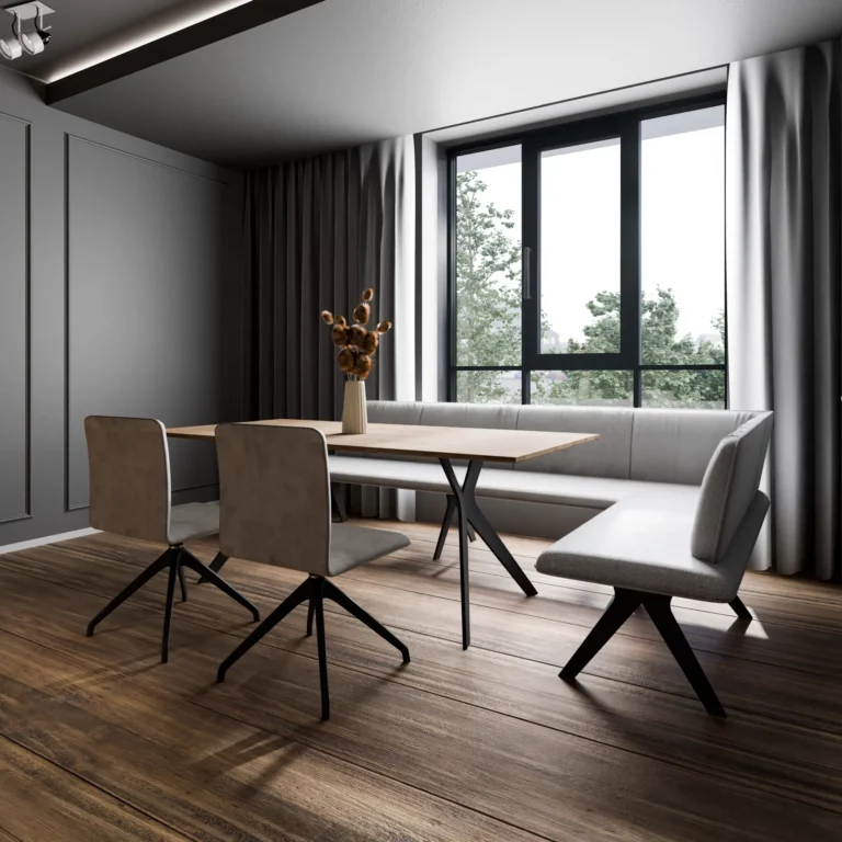 Anrei LISTO Essgruppe mit Holzplatte und Metallgestell in modernem Design.