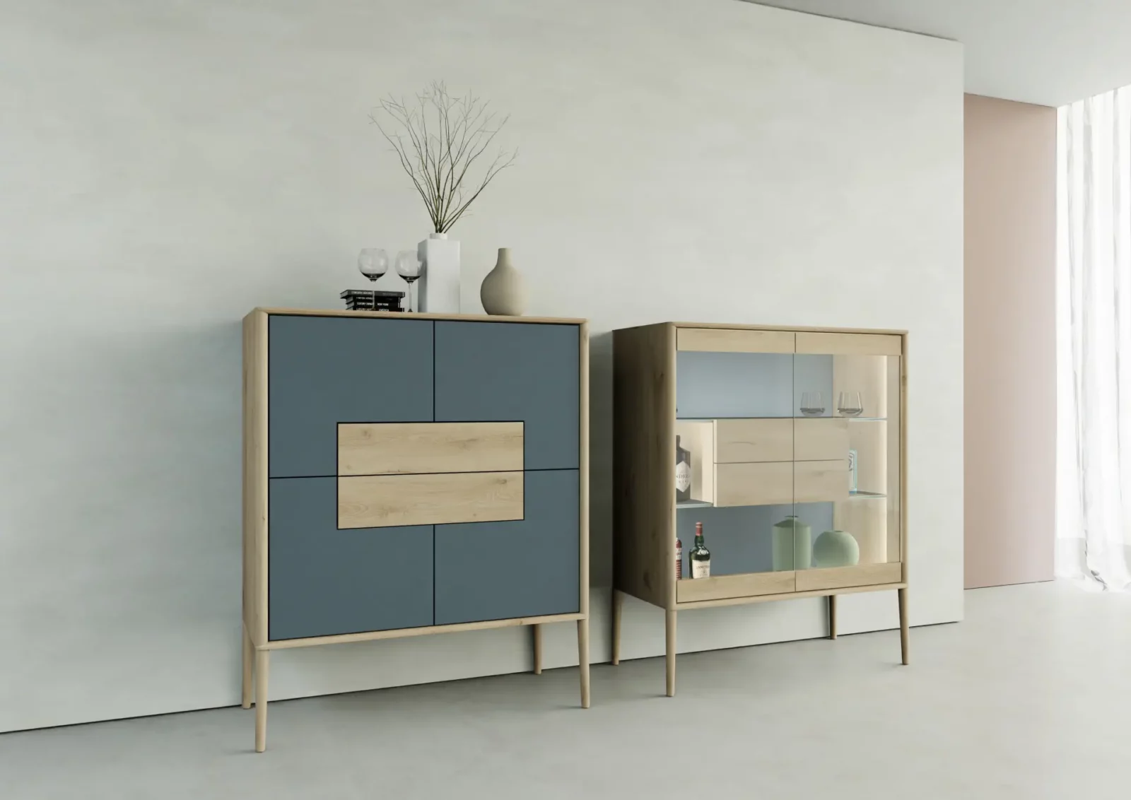 Anrei JUNA Highboard in Blau und Holzoptik mit klaren Linien.