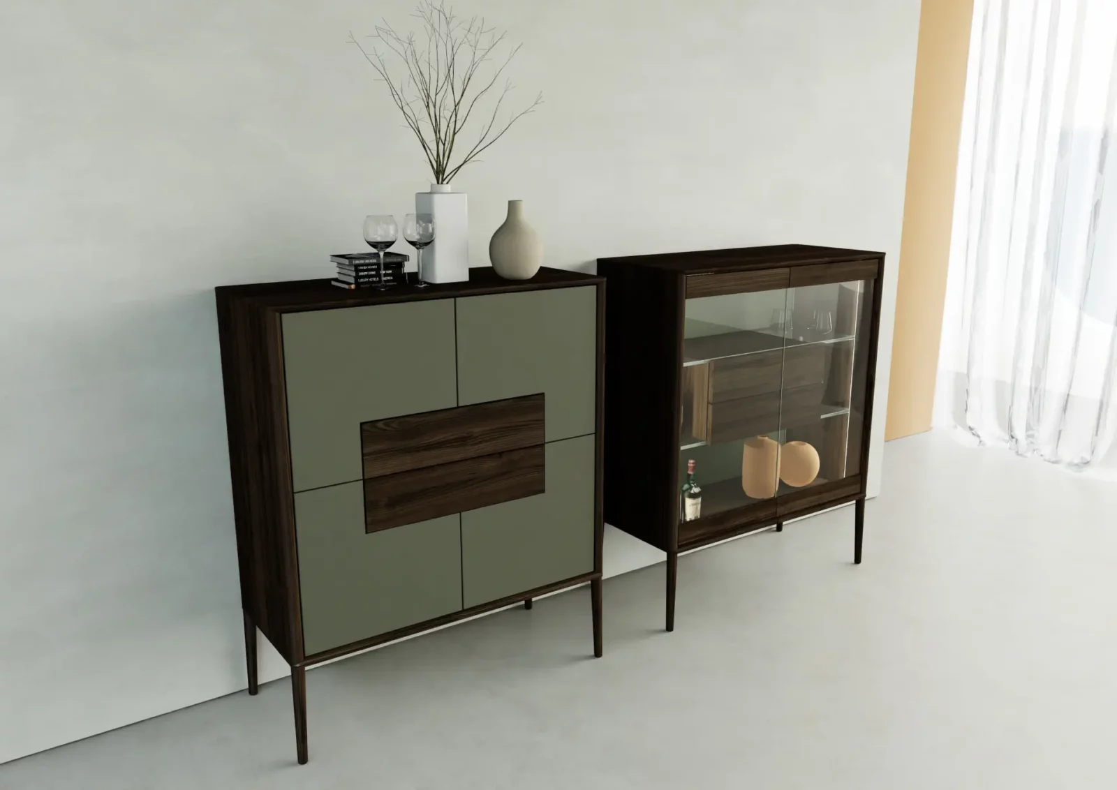Anrei JUNA Highboard in dunklem Holz mit Glas- und Holzelementen.