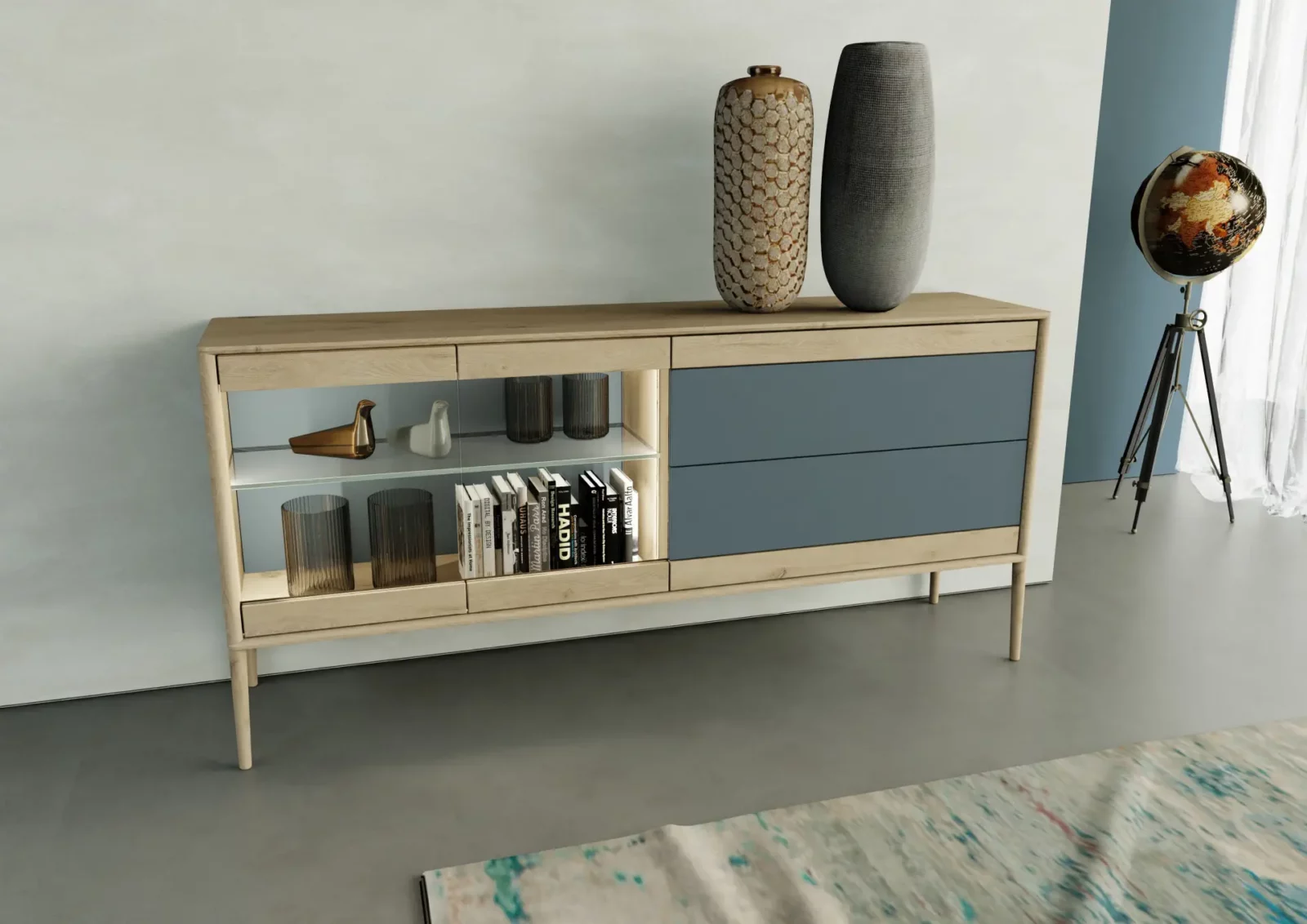 Anrei JUNA Sideboard aus Holz mit blauen Fronten und Glasfächern.