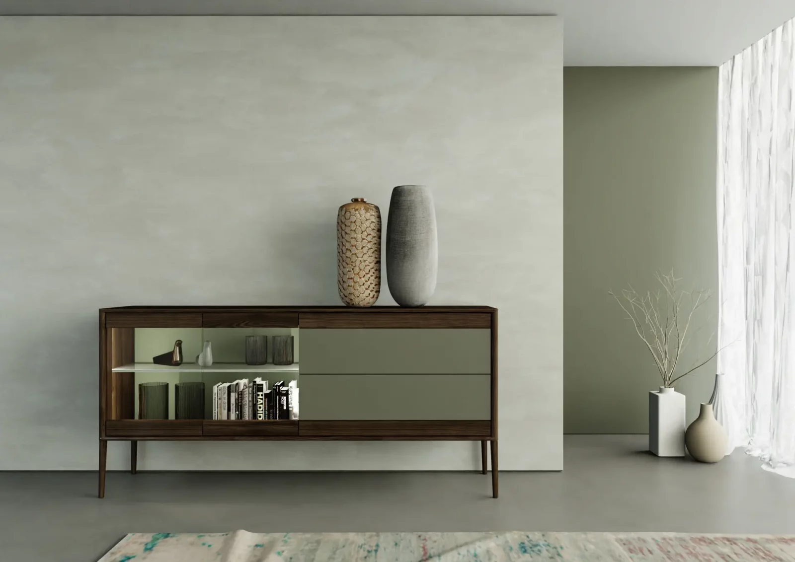 Anrei JUNA Sideboard in dunklem Holz mit grünen Fronten und Glas.