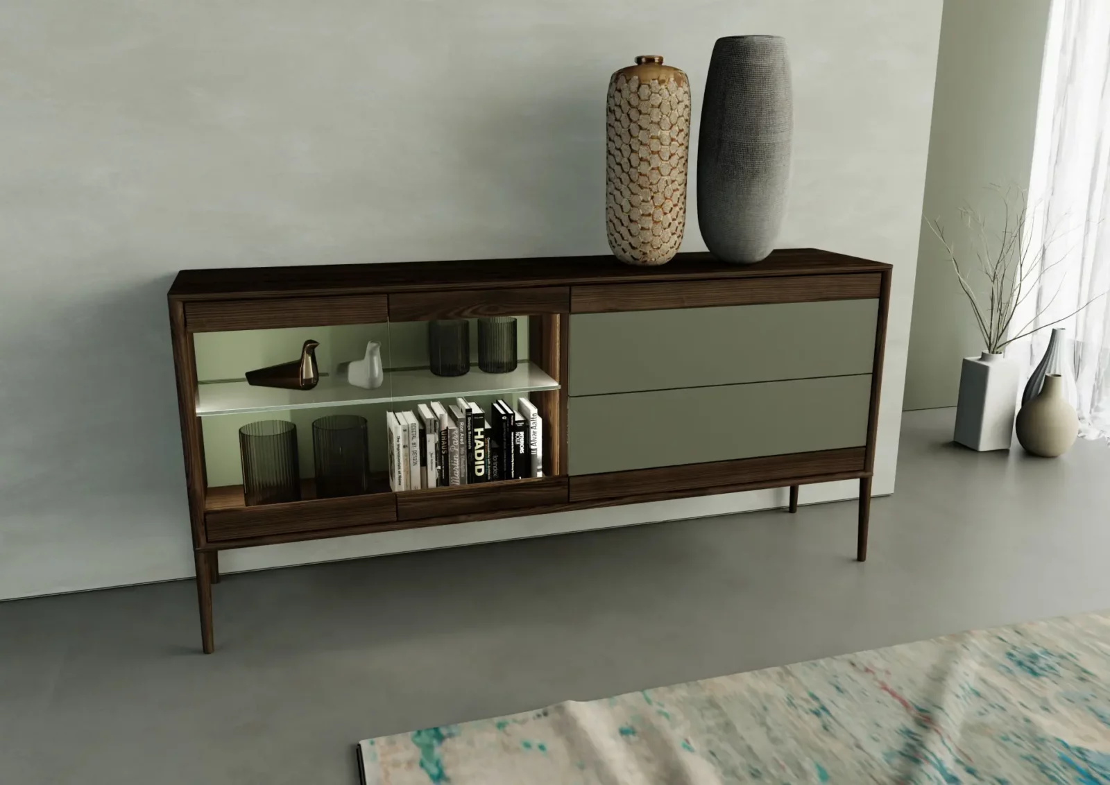 Anrei JUNA Sideboard in dunklem Holz mit Glas- und Bücherfächern.