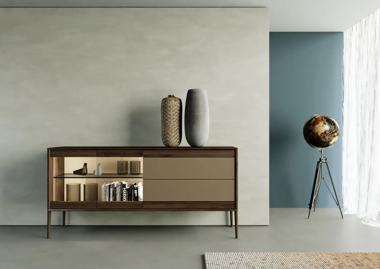 Anrei JUNA Sideboard aus Holz mit Schubladen und offenen Fächern.