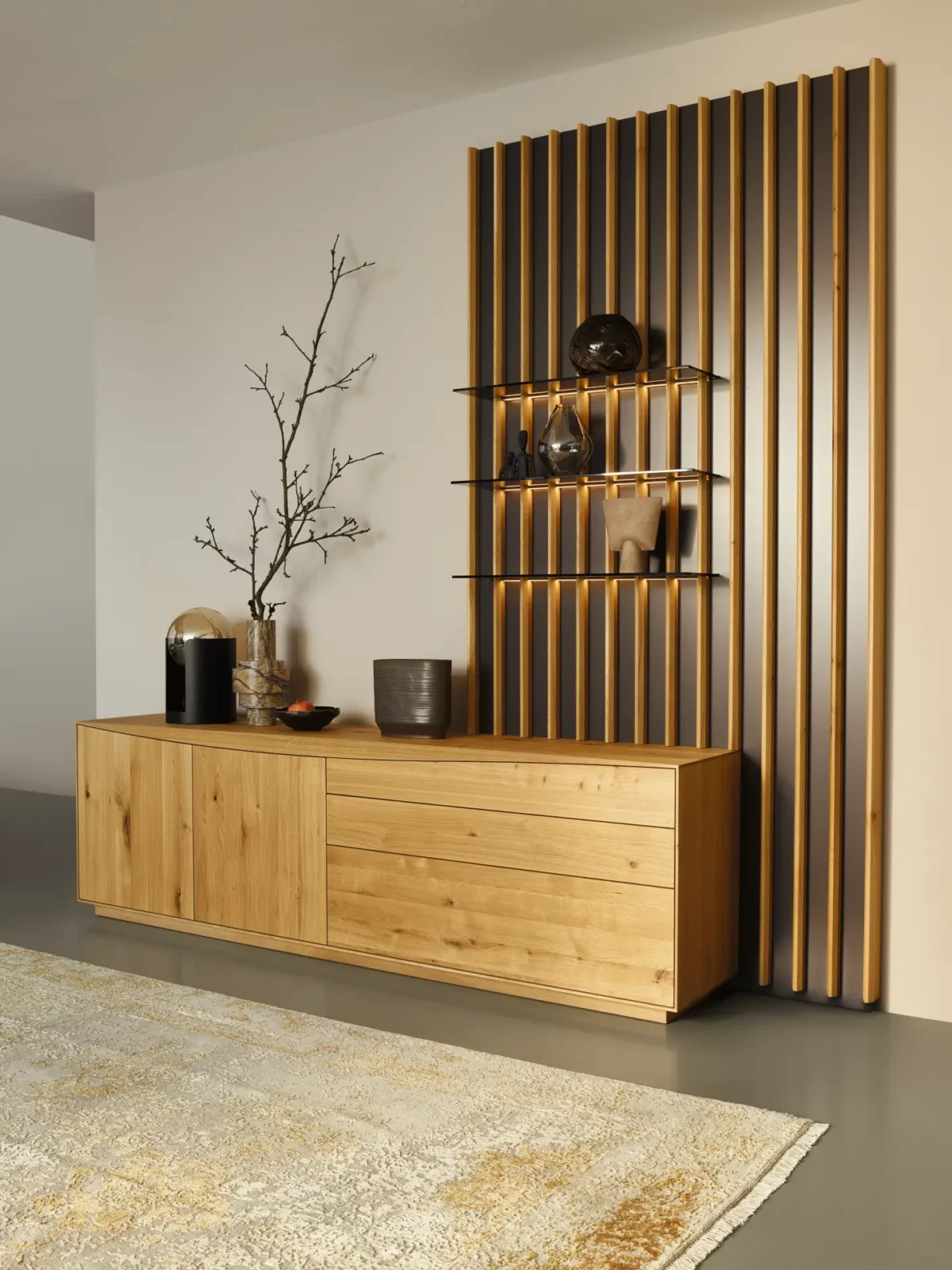 Anrei Puro Sideboard in Holzoptik mit integrierter Designwand und Regalen.