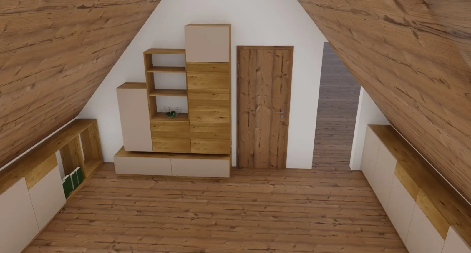 Anrei Ruum Wohnwand aus Holz und Beige mit offenen Regalfächern.