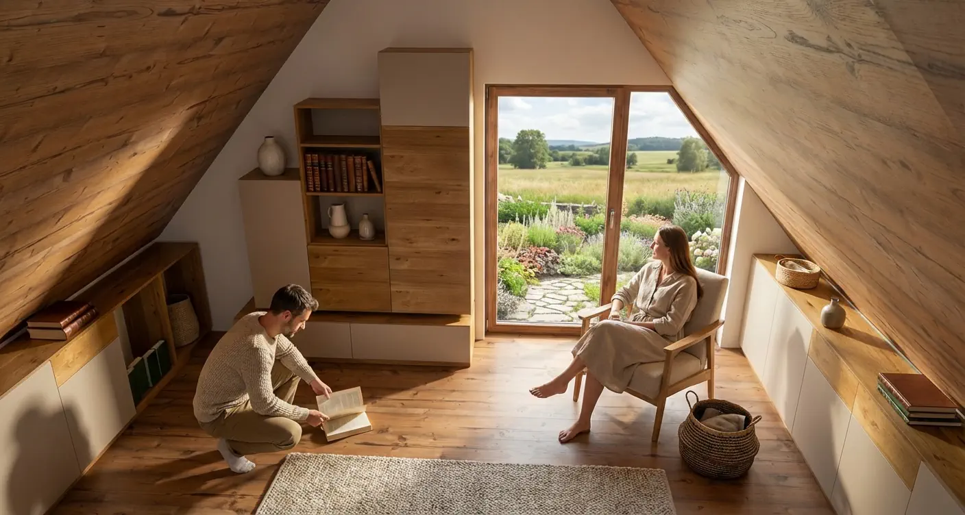 Anrei Ruum Wohnwand aus Holz mit Regalen und Schränken in Naturtönen.