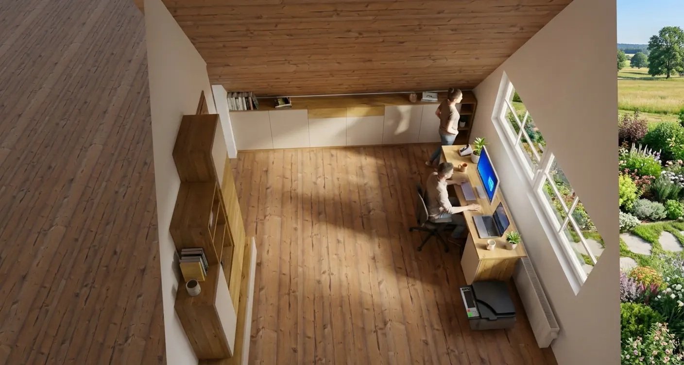 Anrei Ruum Schreibtisch aus Holz mit integriertem Regal und Stauraum.