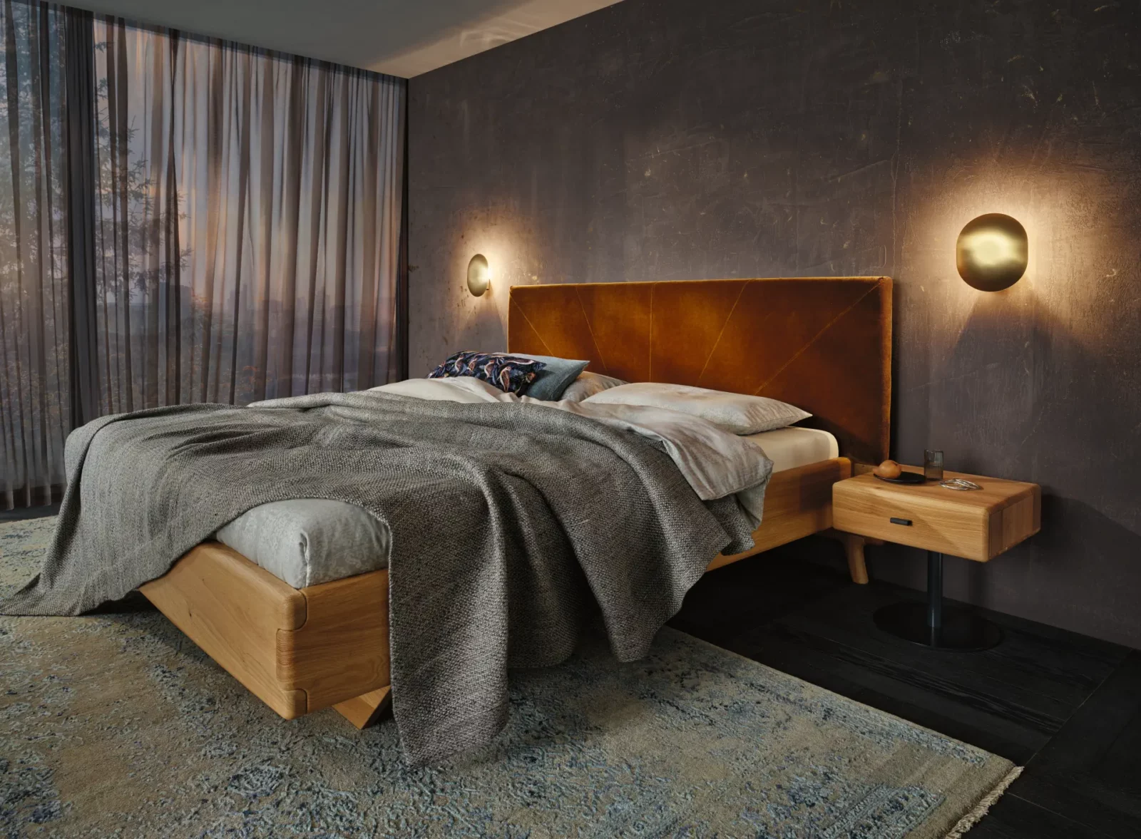 Anrei Sol Bett aus Holz mit gepolstertem Kopfteil in Lederoptik.
