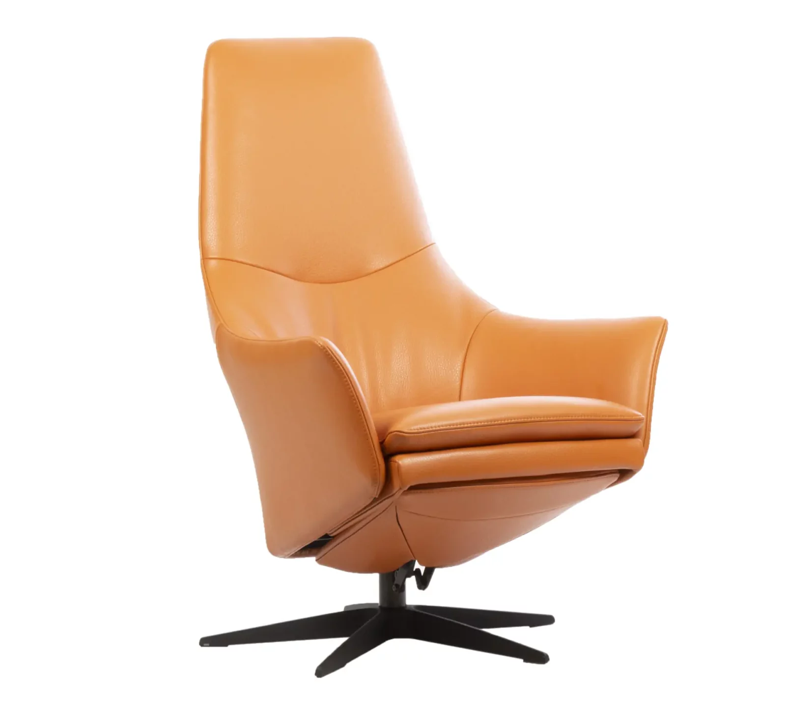 Drehsessel ARC8027 aus cognacfarbenem Leder mit schwarzem Metallfuß.