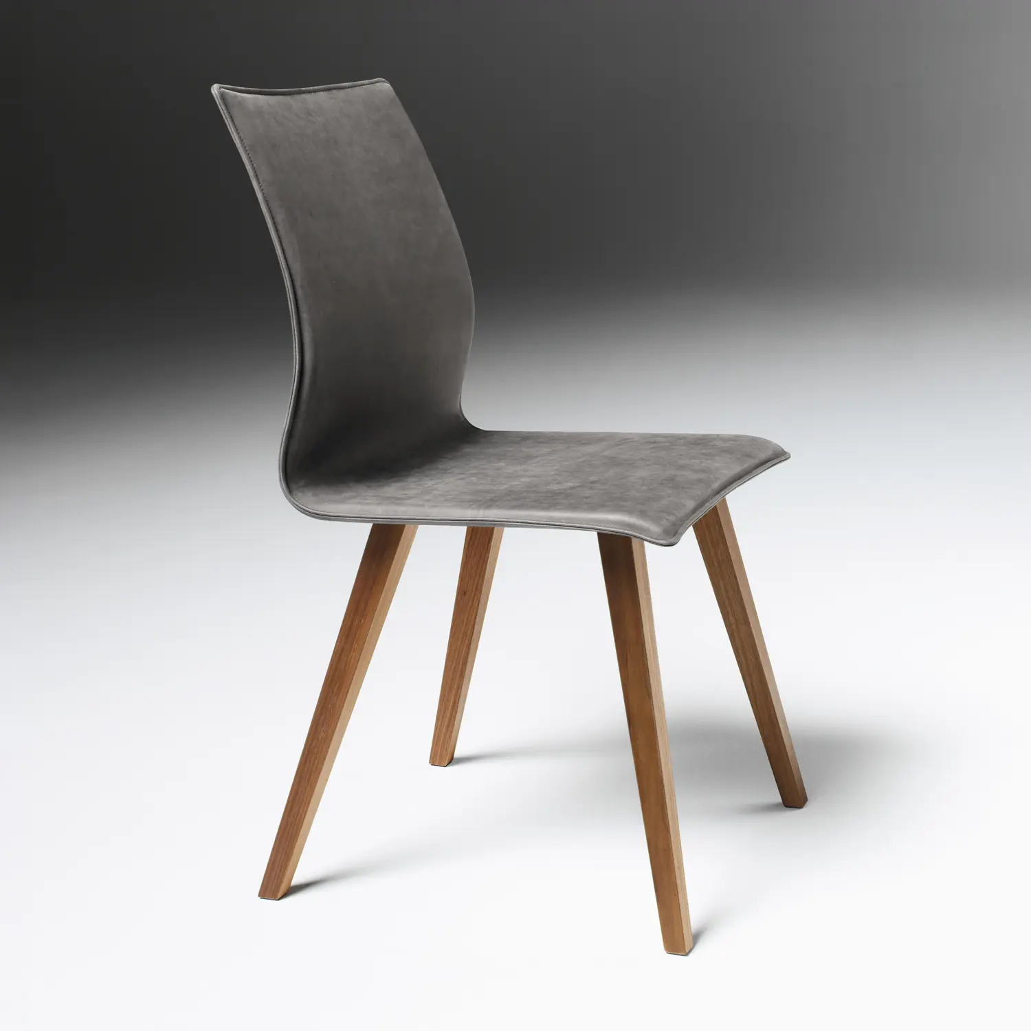 Anrei Stuhl 645 S, grauer Sitz, Holzbeine, modernes Design.