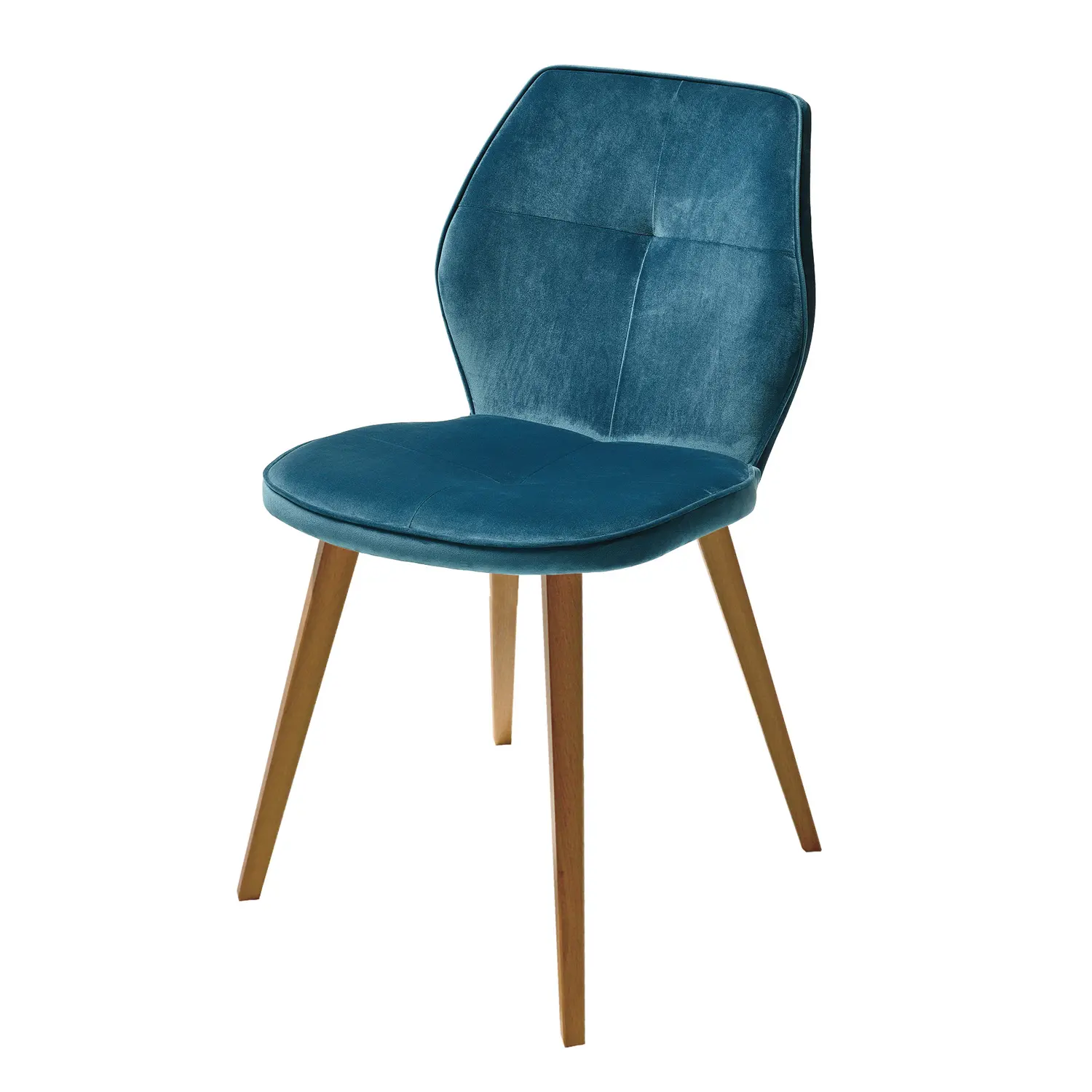 Anrei Stuhl 738 mit blauer Polsterung und eckigen Holzfüßen.