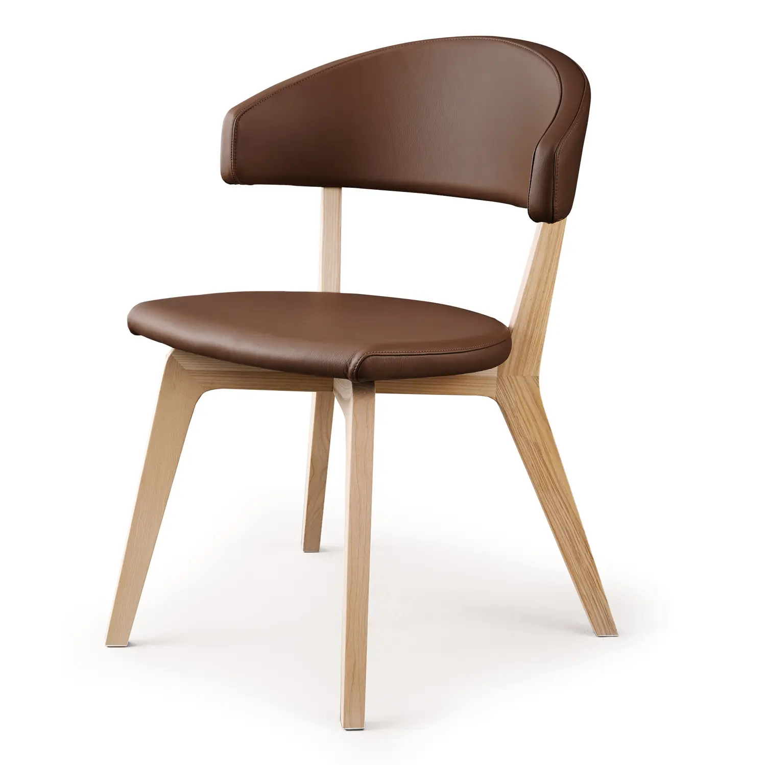 Anrei Stuhl 632 S aus Holz mit braunem Lederbezug.