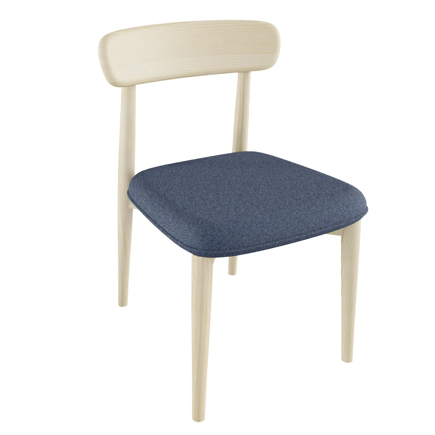 Anrei Stuhl 636, massives Holz, blauer Stoffbezug, minimalistisches Design.