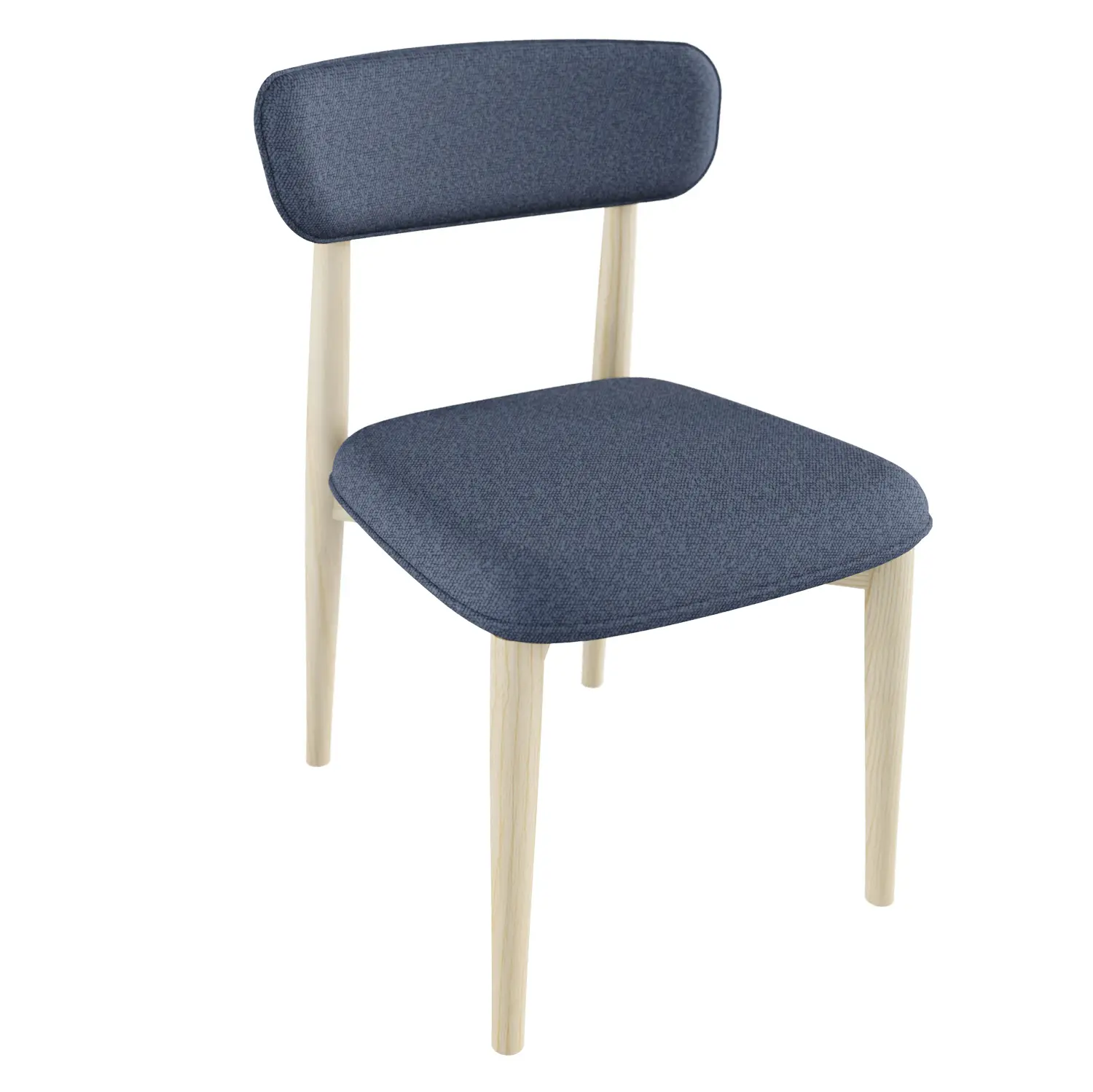 Anrei Stuhl 636, gepolstert, blauer Stoff, helle Holzbeine.