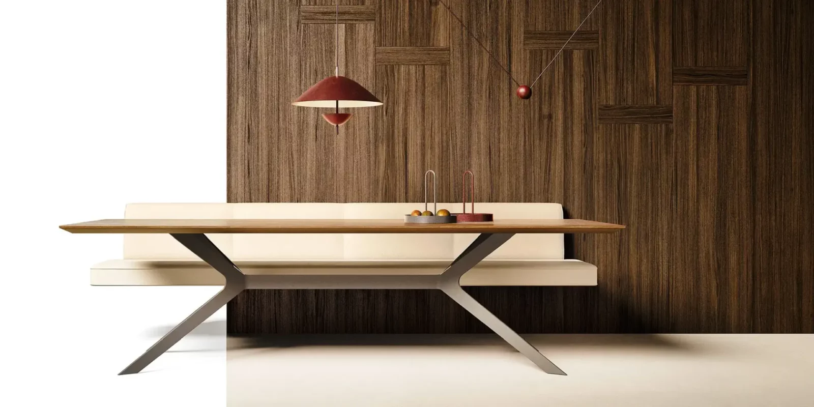 Anrei Vivo Bank in heller Ausführung mit dunklem Holztisch und Metallgestell.