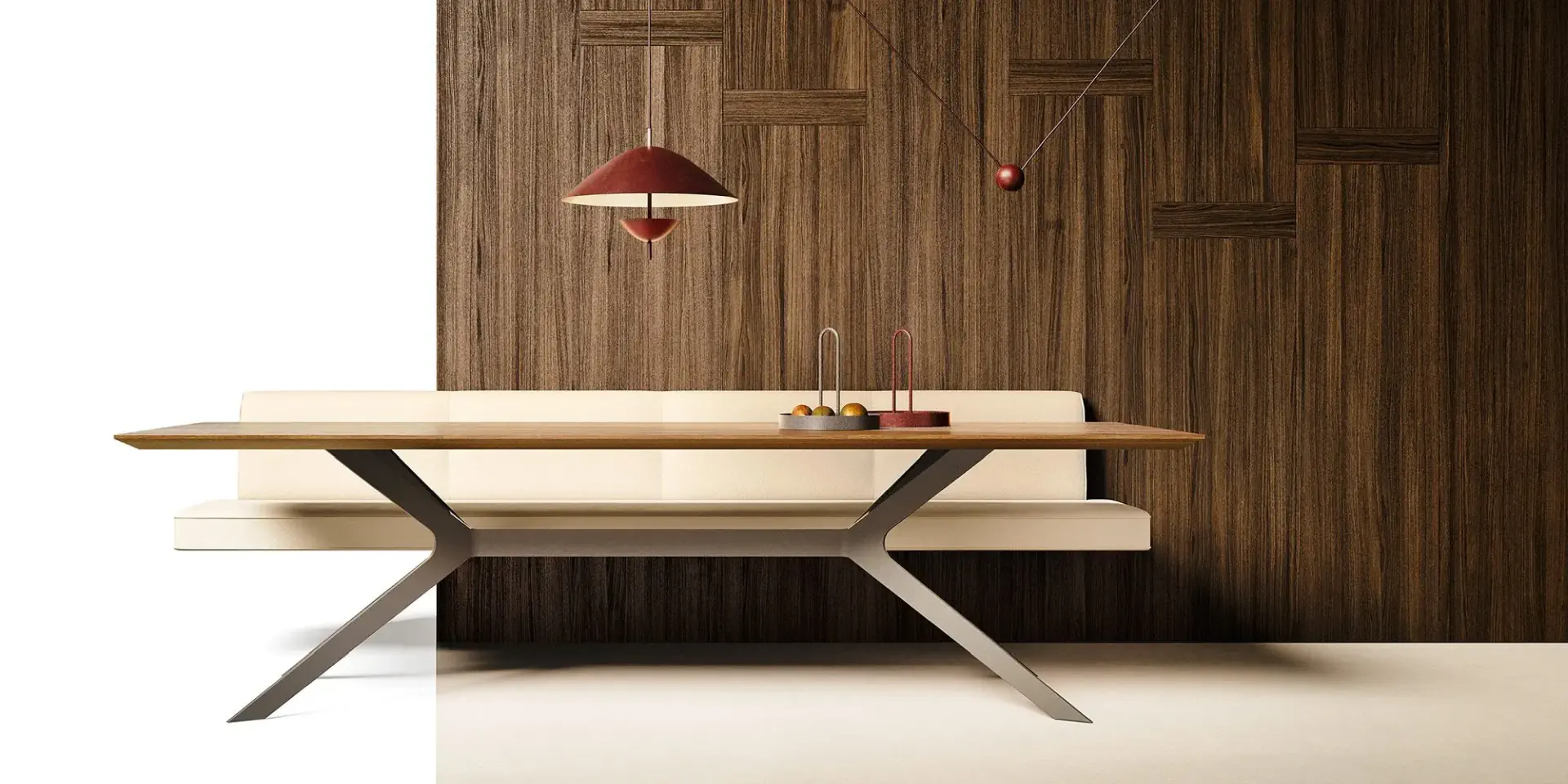 Anrei Vivo Bank in heller Ausführung mit dunklem Holztisch und Metallgestell.