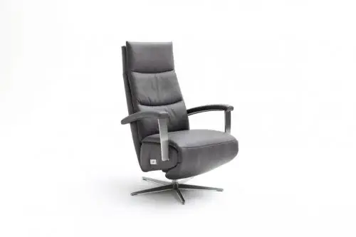 Beppo Relaxsessel in grauem Leder mit Edelstahlgestell und drehbarem Fuß.