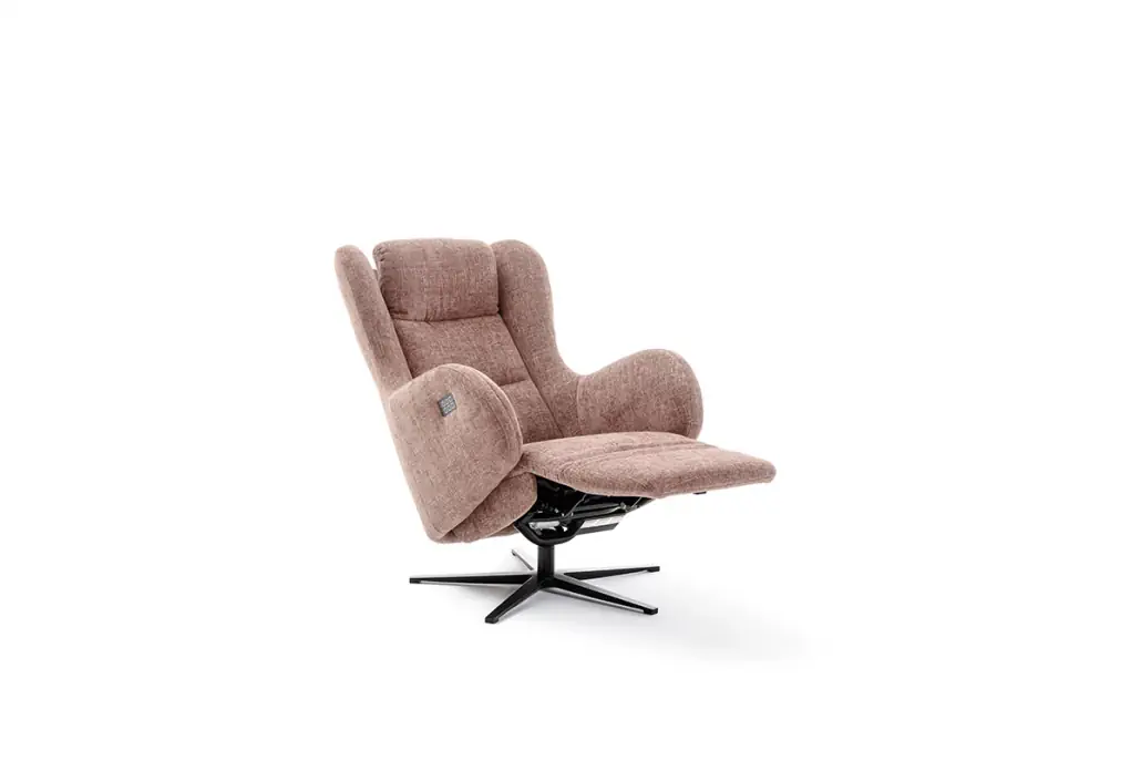 Sessel Bubble mit Relaxfunktion und Kopfteilverstellung in rosa Stoffbezug.