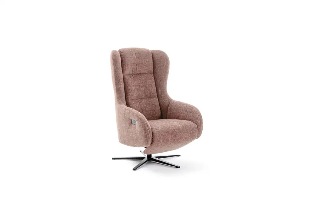 Bubble Relaxsessel in braunem Stoff mit drehbarem Metallfuß.