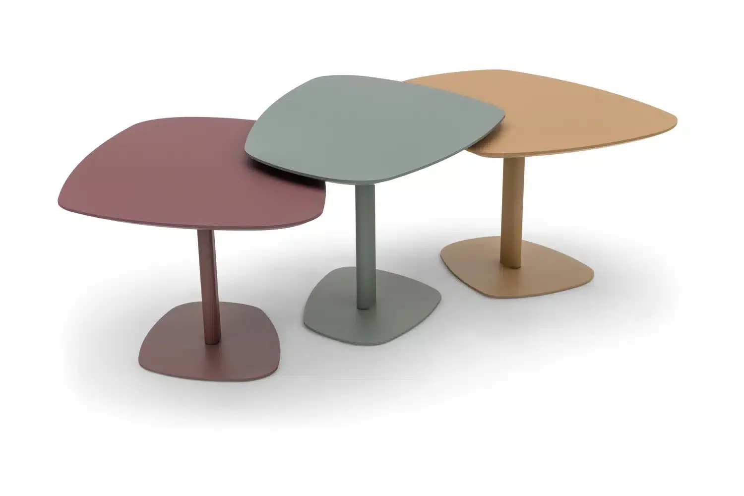 Couchtisch TrapeaTop, dreiteilig, in Fenix Bloom Farben: Rot, Grau, Beige.