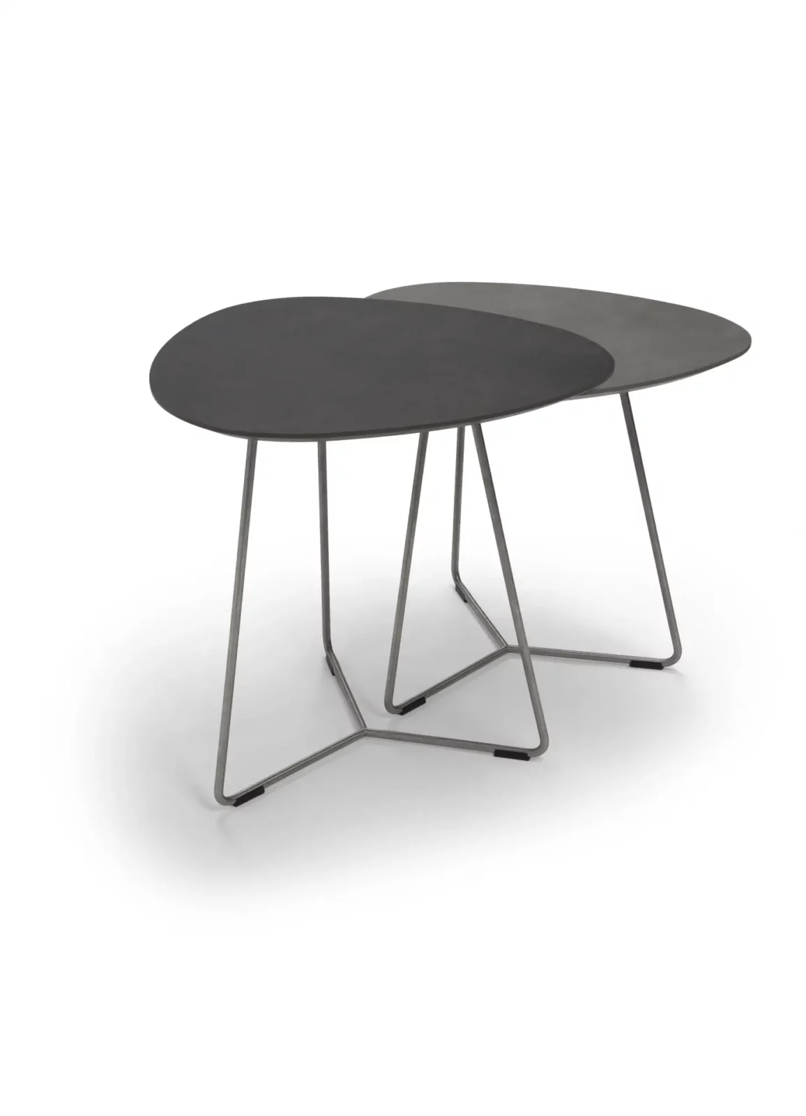 Couchtisch Twinny, zwei runde Platten, HPL, dunkles Grau, Metallgestell.
