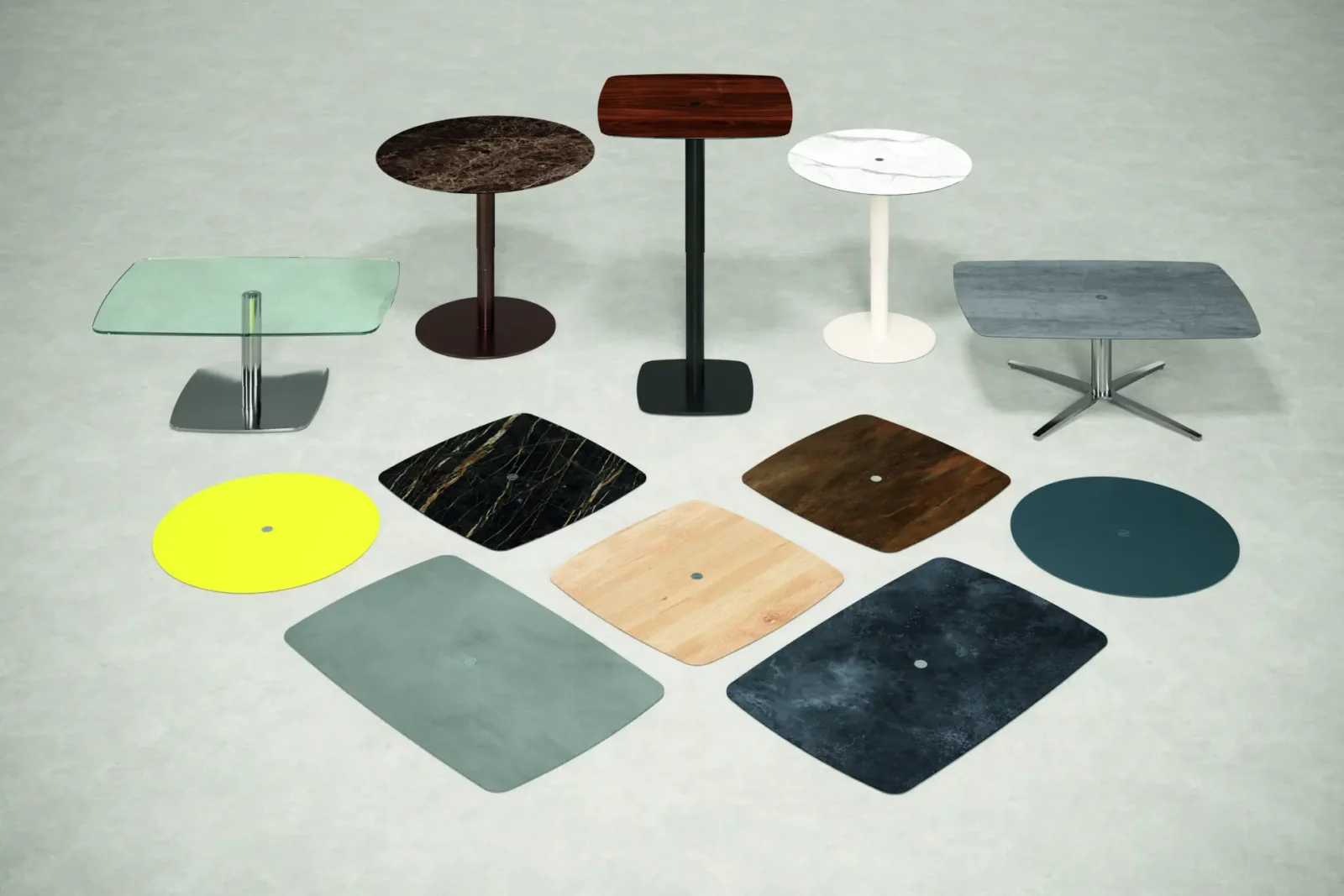 RS Triplex Couchtische mit verschiedenen Tischplattenmaterialien und -formen.