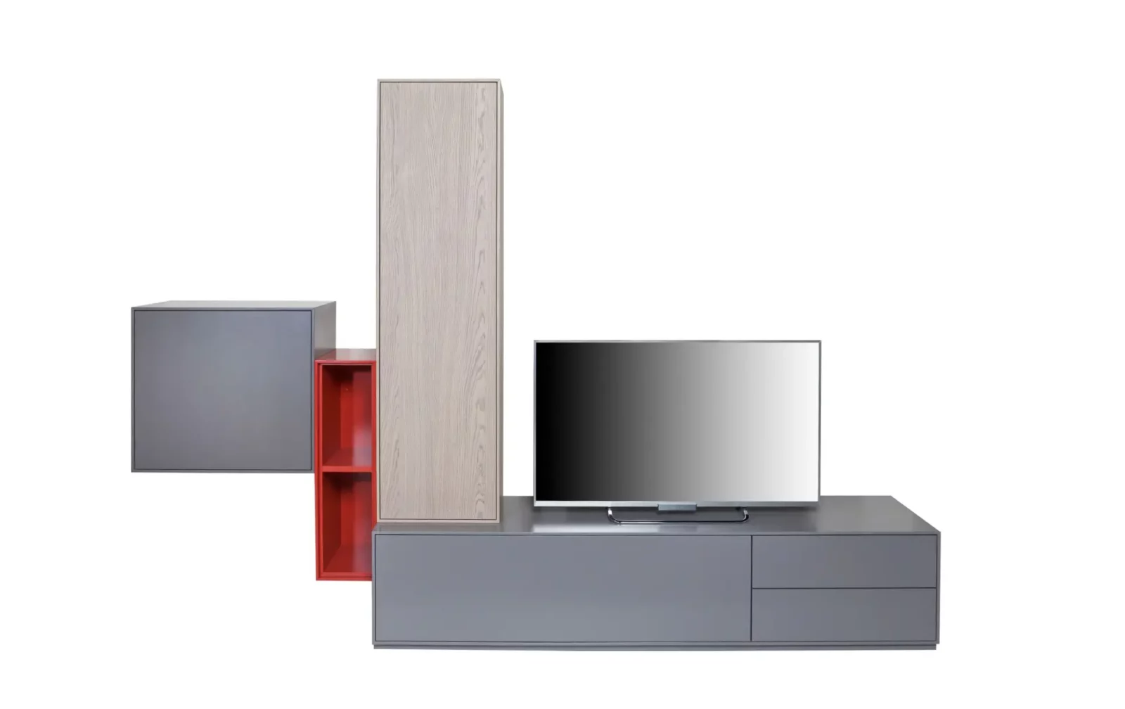 Gamo 007 Wohnwand in Grau und Rot mit Holz-Elementen.