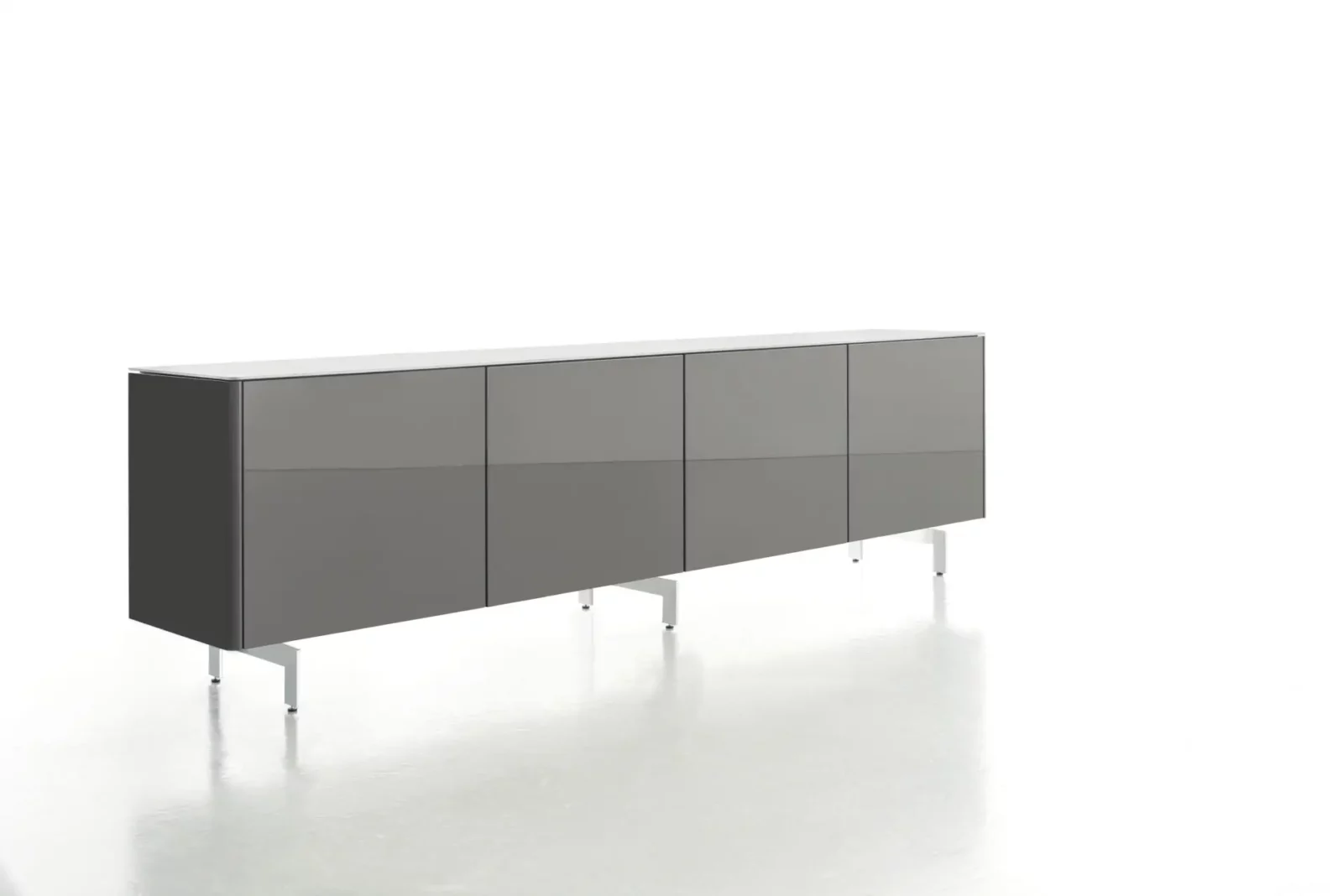 Sideboard Gaya 006, graue Hochglanzoberfläche, schlanke Metallfüße.