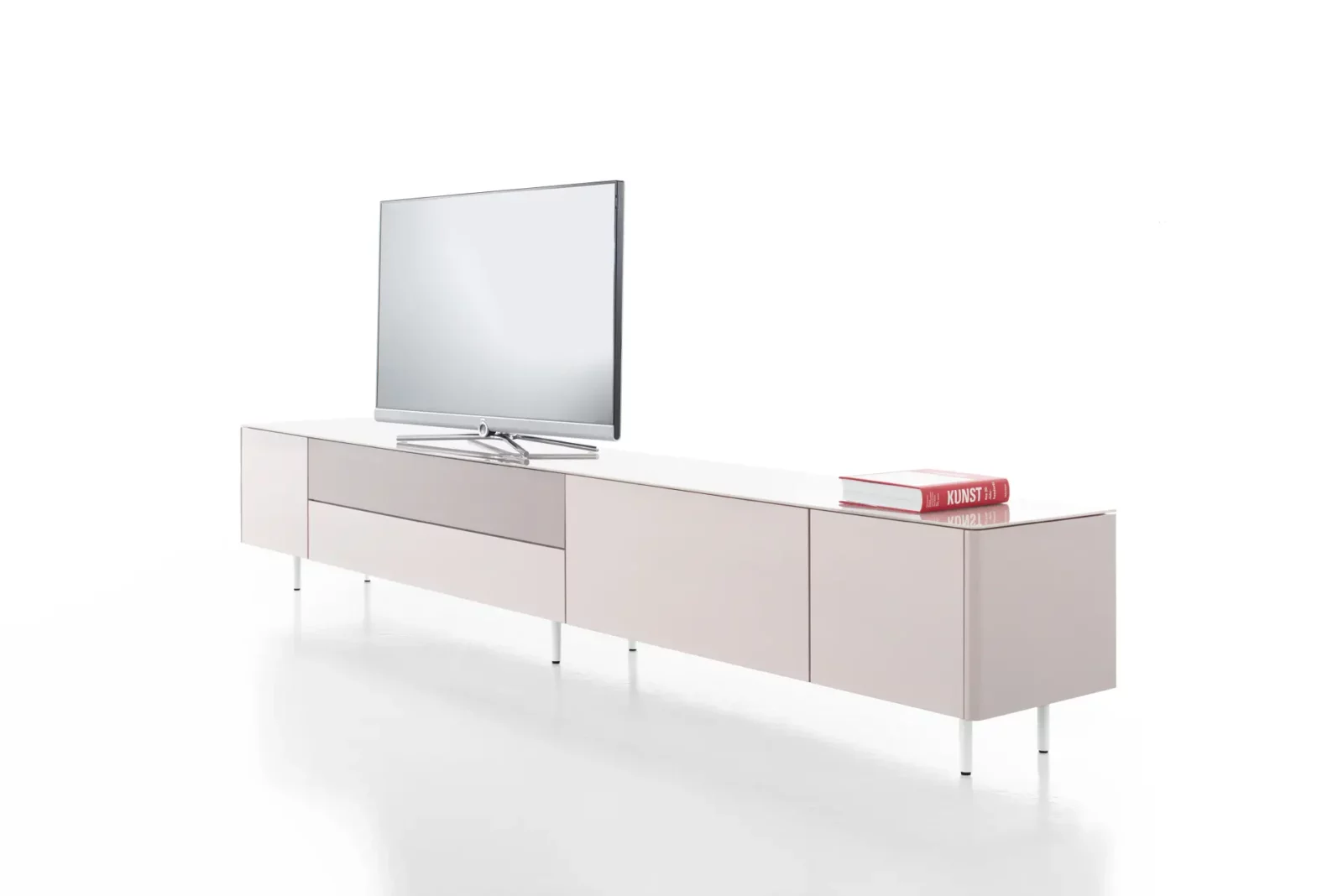 Sideboard Gaya 018 in weißem Hochglanz mit schlanken Metallfüßen.