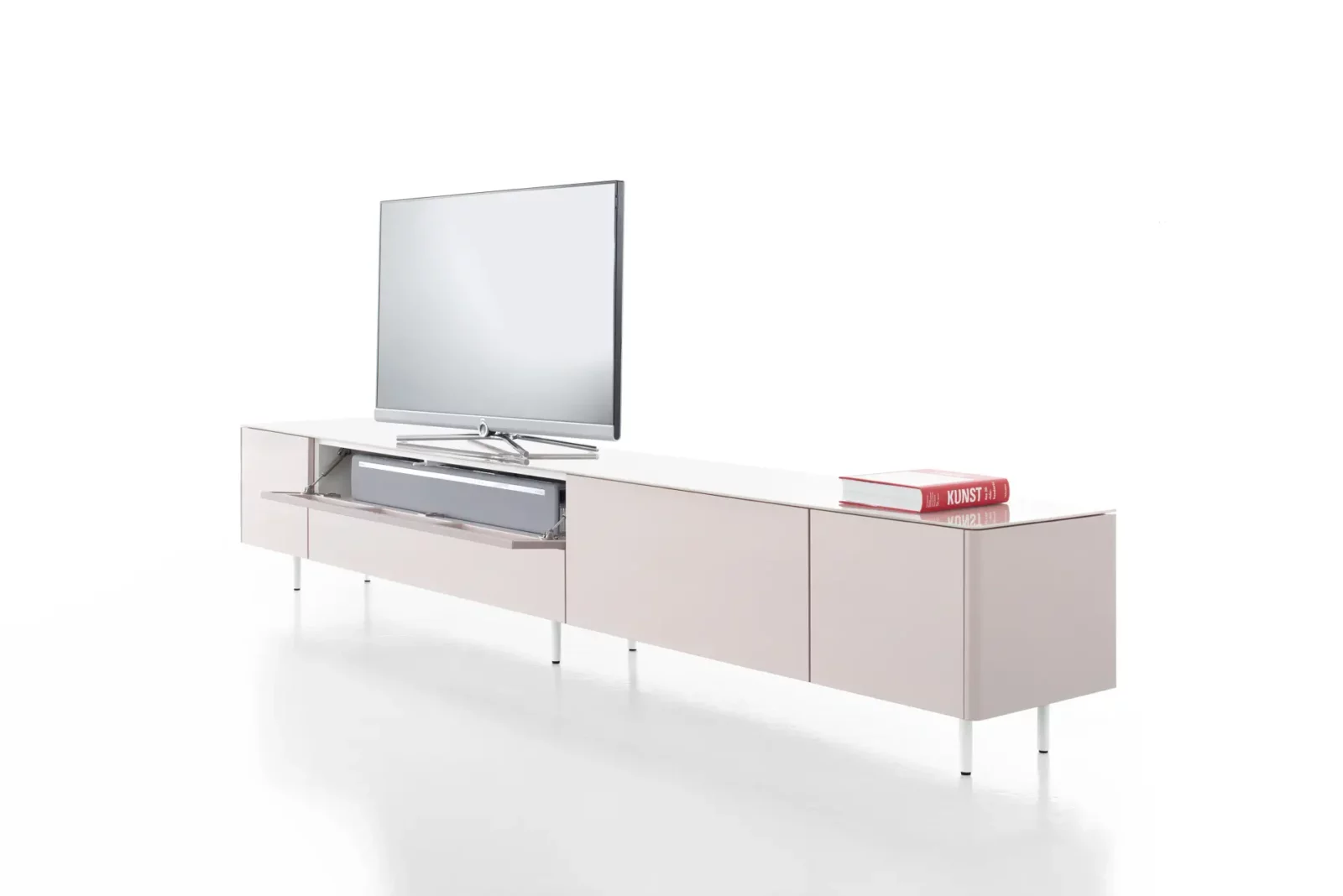 TV-Lowboard Gaya 019 in Weiß mit Hochglanzoberfläche und schlanken Metallfüßen.