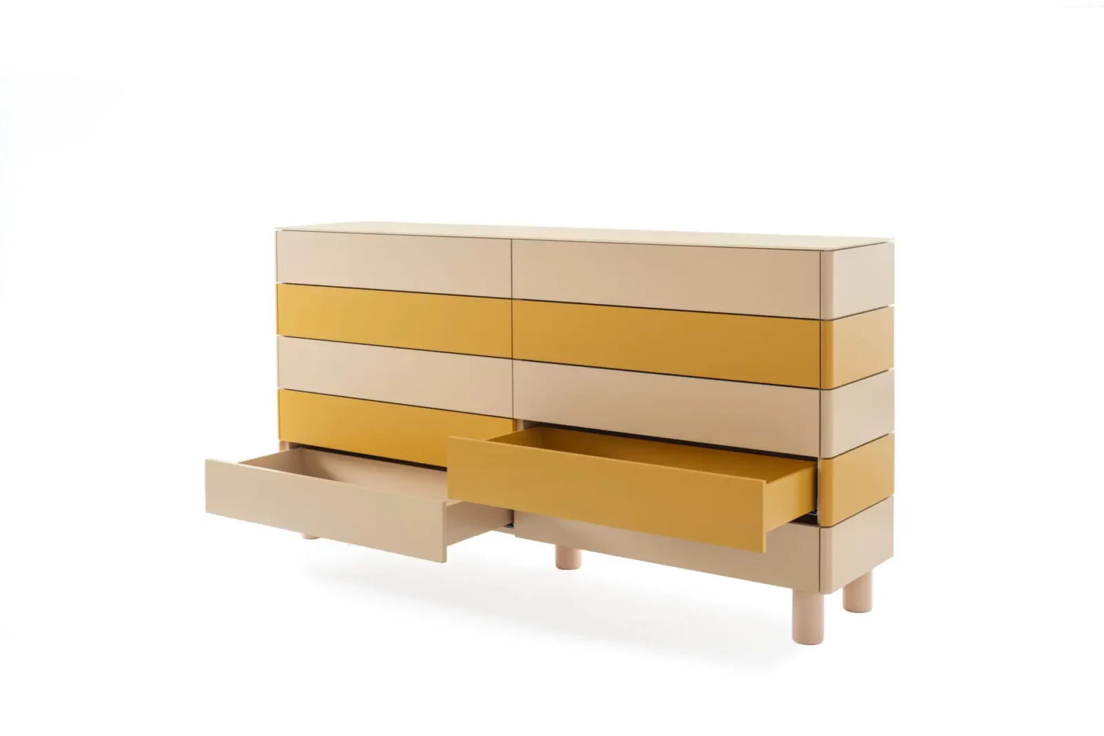 Kommode Gaya 073 in Beige und Gelb mit offenen Schubladen.