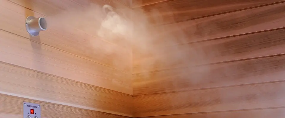 Infrarot-Sauna mit Holzverkleidung und eingeblasenem Nebel.