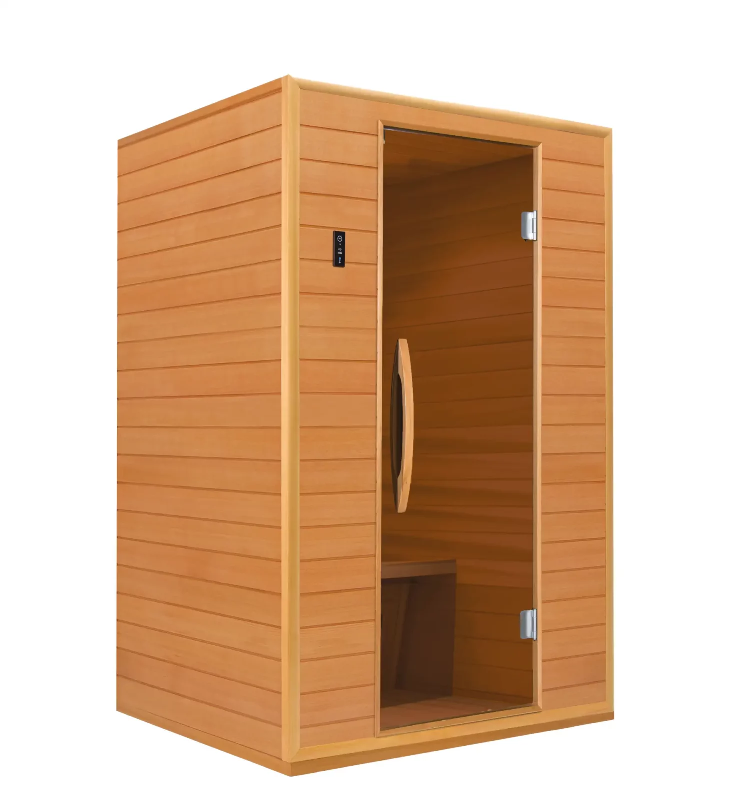 Infrarotkabine RG 130 aus Holz mit Glastür und Holzgriff.