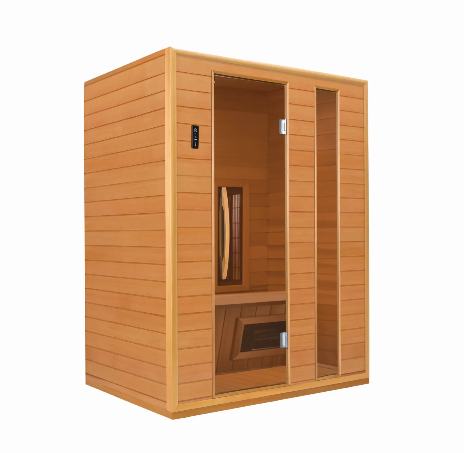 Infrarotkabine RG 150 aus Holz mit Glastür und Bedienelement.